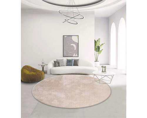 Svetlá obývacia izba s okrúhlym kobercom, pohovkou, lampou a dekoráciou