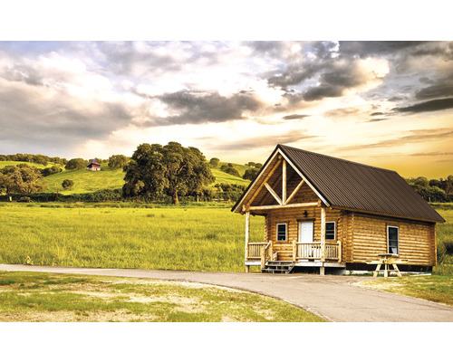 Zrub s drevenými stenami a kovovou strechou vo vidieckom prostredí.