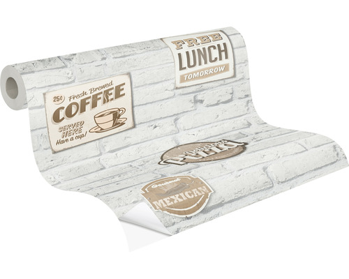 Rola tapety s tehlovým vzorom a nápismi