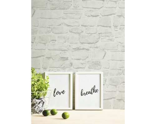 Obývacia izba s kamennou tapetou, obrázkami a rastlinou