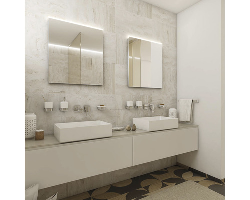 Moderná kúpeľňa s umývadlom, dvoma umývadlami a osvetlenými zrkadlami