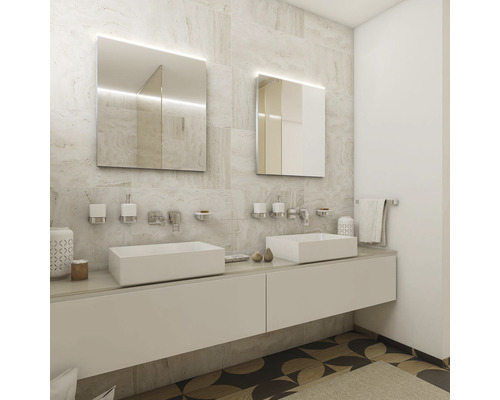 Kúpeľňa s umývadlom, dvoma umývadlami na dosku a zrkadlami s osvetlením