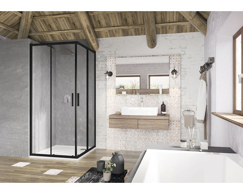 Kúpeľňa so sprchovacím kútom, umývadlom a zrkadlom