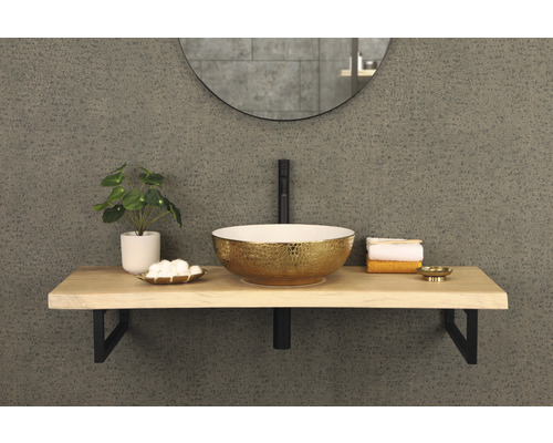 Kúpeľňová umývadlová skrinka s umývadlom na dosku, batériou, zrkadlom a dekoráciou