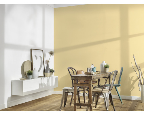 Jedáleň s dreveným stolom, kovovými stoličkami a nástennou policou vo svetlom prostredí.