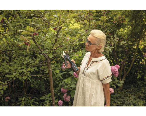 Žena strihá strom akumulátorovými záhradnými nožnicami v záhrade