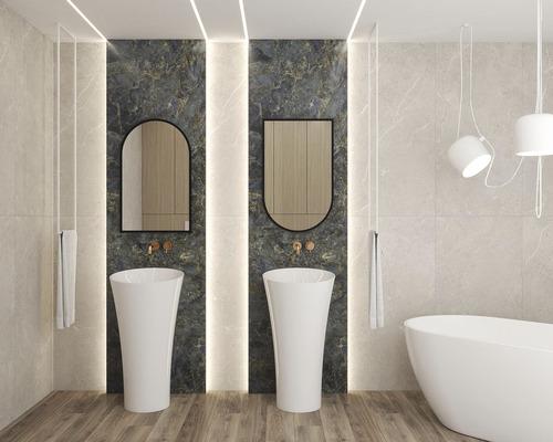 Svetlá kúpeľňa s dvoma umývadlami, zrkadlami, vaňou a osvetlením