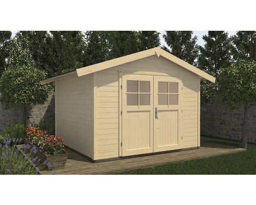 Drevený záhradný domček s dvojkrídlovými dverami a oknami