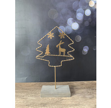 Dekorácia vianočného stromčeka z drôtu s motívmi jeleňa, jedle a snehovej vločky na drevenom podstavci.