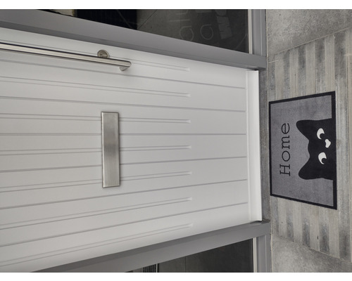 Moderné vchodové dvere s poštovou schránkou a rohožkou s motívom mačky