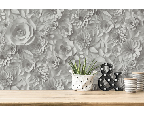 Kvetinová tapeta s trojrozmernými papierovými kvetmi ako pozadie