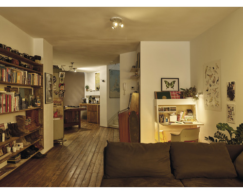 Obývacia izba s drevenou podlahou, regálom, písacím stolom a stropným svietidlom