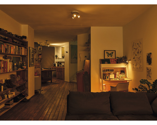 Obývacia izba s knižnicou, písacím stolom a vstupom do kuchyne.