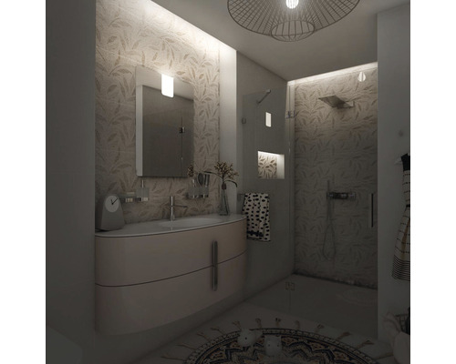 Moderná kúpeľňa s umývadlom, zrkadlom a sprchou