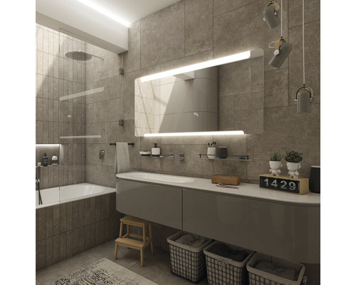 Moderná kúpeľňa s vaňou, umývadlom, zrkadlom a osvetlením