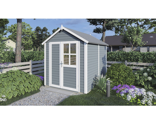 Záhradný domček z dreva s dverami a oknom v záhrade