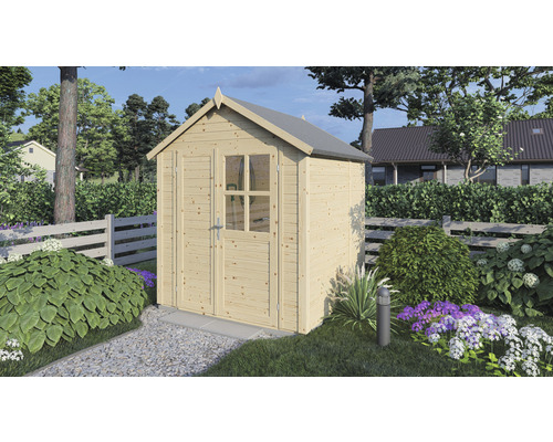 Drevený záhradný domček s dvojkrídlovými dverami a oknom v záhrade