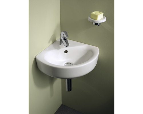 Rohové umývadlo s batériou a miskou na mydlo