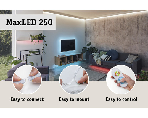LED pásik MaxLED 250 v obývacej izbe s jednoduchým pripojením, montážou a ovládaním pomocou diaľkového ovládača.