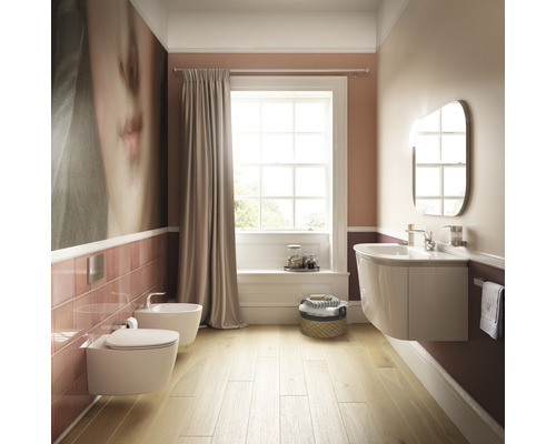 Kúpeľňa s toaletou, bidetom, umývadlom, zrkadlom a veľkou nástennou maľbou