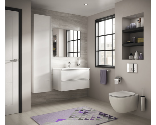 Svetlá kúpeľňa s umývadlom, zrkadlovou skrinkou, toaletou a policami