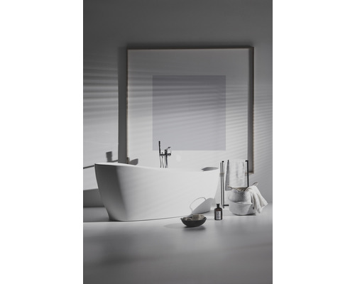 Voľne stojaca vaňa s batériou, držiakom na uteráky a kúpeľňovými doplnkami v kúpeľni.