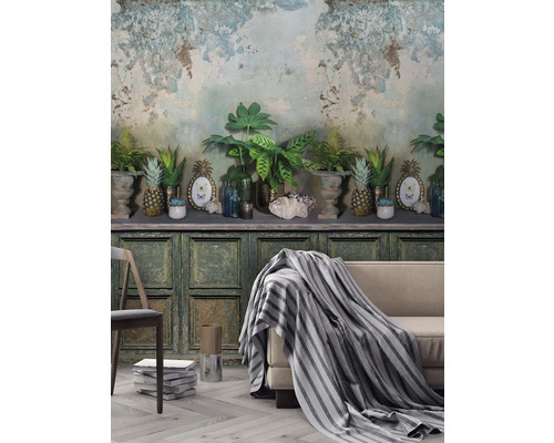 Dekoratívny interiér s pohovkou, dekou, stoličkou a rastlinami na polici pred štruktúrovanou stenou