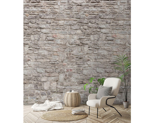 Dekoratívny interiér s kamennou stenou, kreslom a izbovými rastlinami