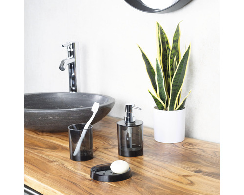 Kúpeľňa s umývadlom, dávkovačom mydla, mydelničkou, pohárom, zubnou kefkou a izbovou rastlinou na drevenom stole