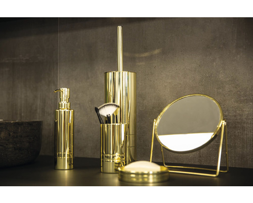 Zlatá súprava kúpeľňových doplnkov s dávkovačom mydla, WC kefou, štetcami na make-up a zrkadlom
