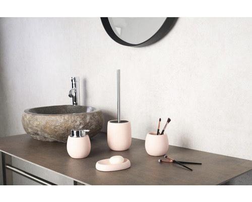 Kúpeľňa s umývadlom, zrkadlom a ružovými kúpeľňovými doplnkami