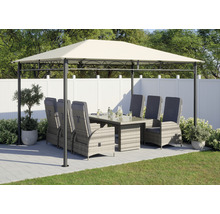 Pavilón s jedálenským stolom a stoličkami v záhrade.