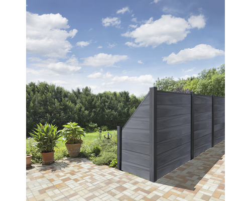 Pohľad do záhrady so sivými prvkami na ochranu súkromia, ktoré tvoria hranicu pozemku