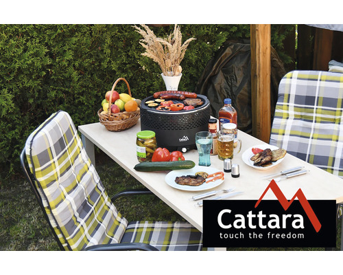 Vonkajšia grilovacia scéna s jedlom, pitím a logom Cattara