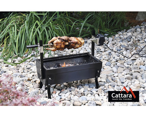 Gril s kuracím mäsom a otočným ražňom v záhrade