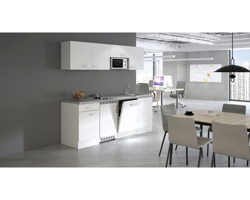 Moderná kancelárska kuchynka s drezom, umývačkou riadu, mikrovlnnou rúrou a úložným priestorom