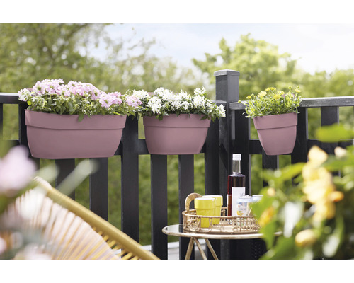 Tri osadené balkónové kvetináče visia na zábradlí