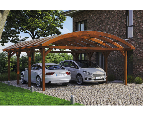 Prístrešok na auto dvojitý SKAN HOLZ Franken vrátane kotiev pre stĺpiky, 635 x 755 cm, orech Dvojitý drevený prístrešok pre auto s dvoma autami
