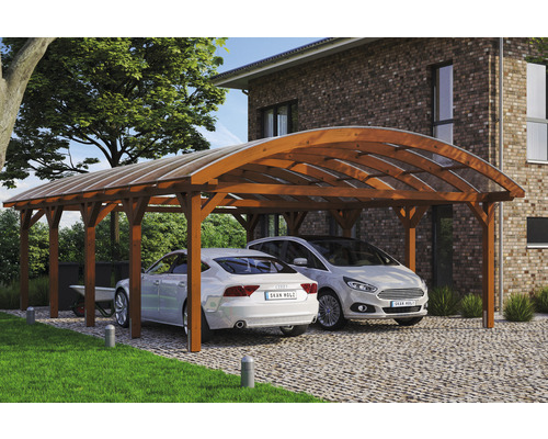 Prístrešok na auto dvojitý SKAN HOLZ Franken vrátane kotiev pre stĺpiky 635 x 969 cm Orech Drevený dvojitý prístrešok pre auto s dvoma zaparkovanými autami