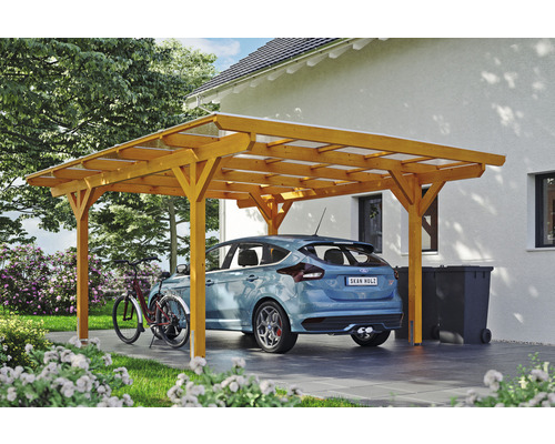 Prístrešok na auto SKAN HOLZ Odenwald, vr. kotiev pre stĺpiky, 428 x 541 cm, svetlý dub Drevený prístrešok pre auto s autom, bicyklom a smetnými košmi