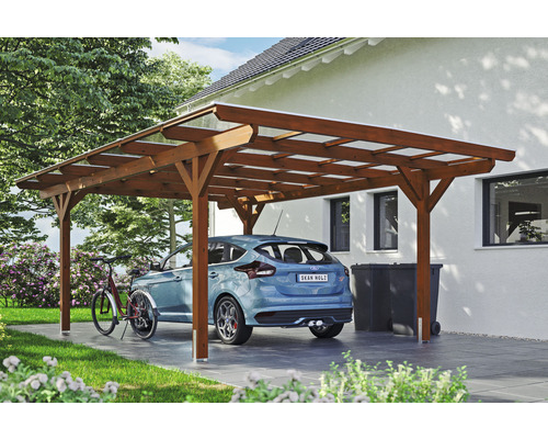 Prístrešok na auto SKAN HOLZ Odenwald vr. kotvy na stĺpiky 428 x 648 cm orech Drevený prístrešok pre auto s autom a bicyklom
