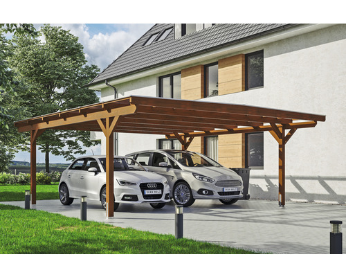Prístrešok na auto dvojitý SKAN HOLZ Odenwald vrátane kotiev pre stĺpiky, 640 x 648 cm, orech Drevený dvojitý prístrešok pre autá s dvoma zaparkovanými autami pred domom