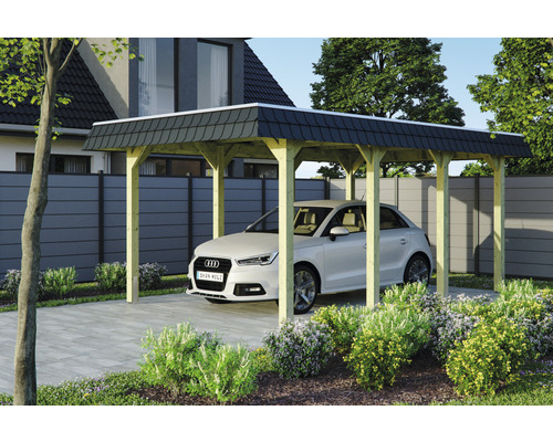 Prístrešok na auto SKAN HOLZ Spreewald s čiernou fasádou, vr. EPDM membrány, úchyty pre stĺpiky 345 x 589 cm, impregnovaný Auto pod dreveným prístreškom s taškovou strechou.