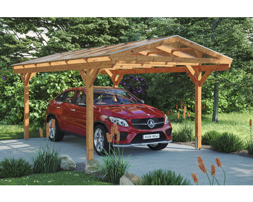 Prístrešok na auto SKAN HOLZ Westerwald vr. kotiev pre stĺpiky, 362 x 648 cm svetlý dub Voľne stojaci drevený prístrešok pre auto s autom zaparkovaným pod ním