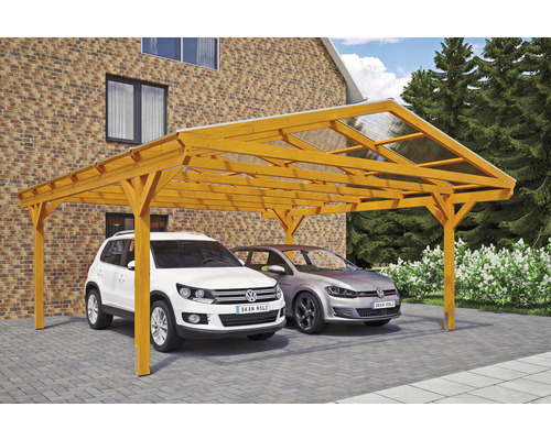 Prístrešok na auto dvojitý SKAN HOLZ Westerwald vrátane kotvy na stĺpik 570 x 648 cm, svetlý dub Drevený dvojitý prístrešok pre auto s dvoma zaparkovanými autami