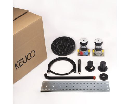 Sprchový systém Keuco s hlavovou sprchou, armatúrami, hadicou a montážnym príslušenstvom