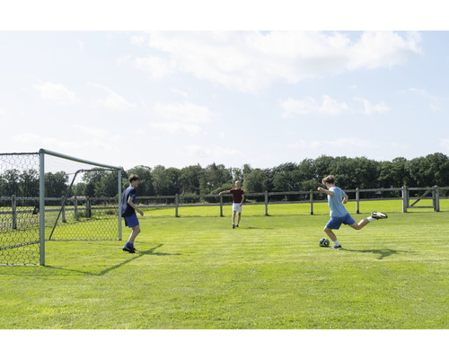 Tri deti hrajú futbal na trávnatom ihrisku s futbalovou bránkou.