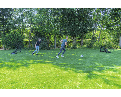 Dve osoby hrajú s loptou na zelenej lúke s dvoma futbalovými bránkami.