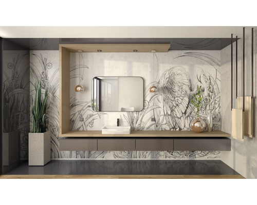 Svetlá kúpeľňa s umývadlom, zrkadlom, rastlinami a dekoratívnou maľbou na stene pre modernú atmosféru