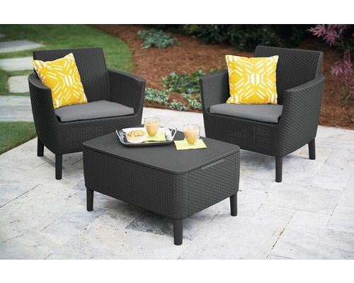 Sada záhradného nábytku s dvoma kreslami, vankúšmi a stolom s úložným priestorom